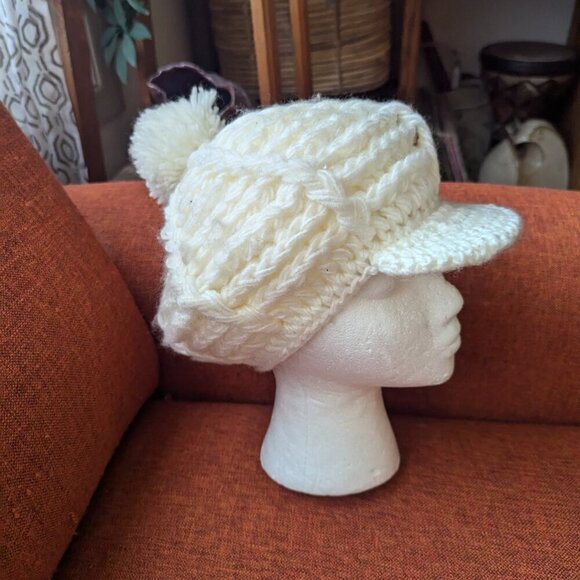 Scandi Girl Fiddler Newsboy Pageboy Knit Hat Cadet Brim Pom Pom Boho Vintage - Picture 4 of 8